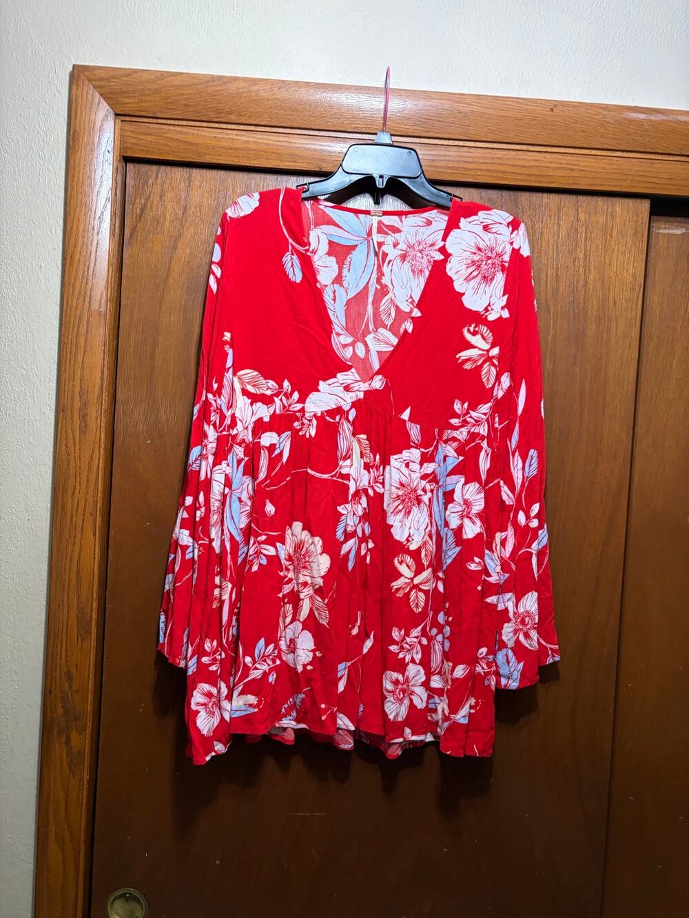 Free People Women's M Red Floral Empire Waist Babydoll Long Sleeve Top
